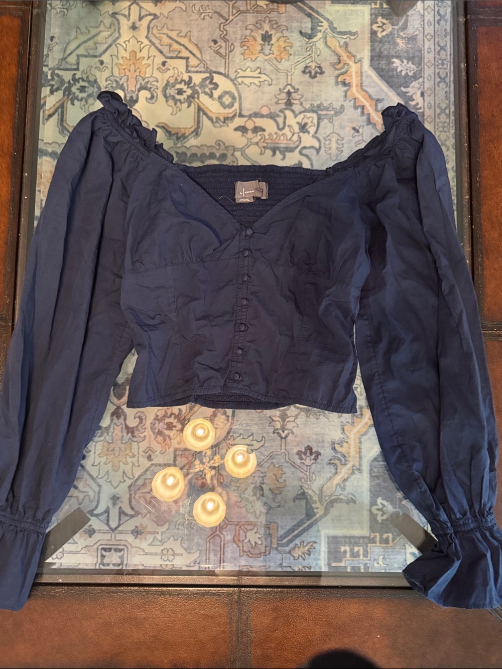 Anthropologie Navy Blue Off-Shoulder Button-Front Crop Blouse